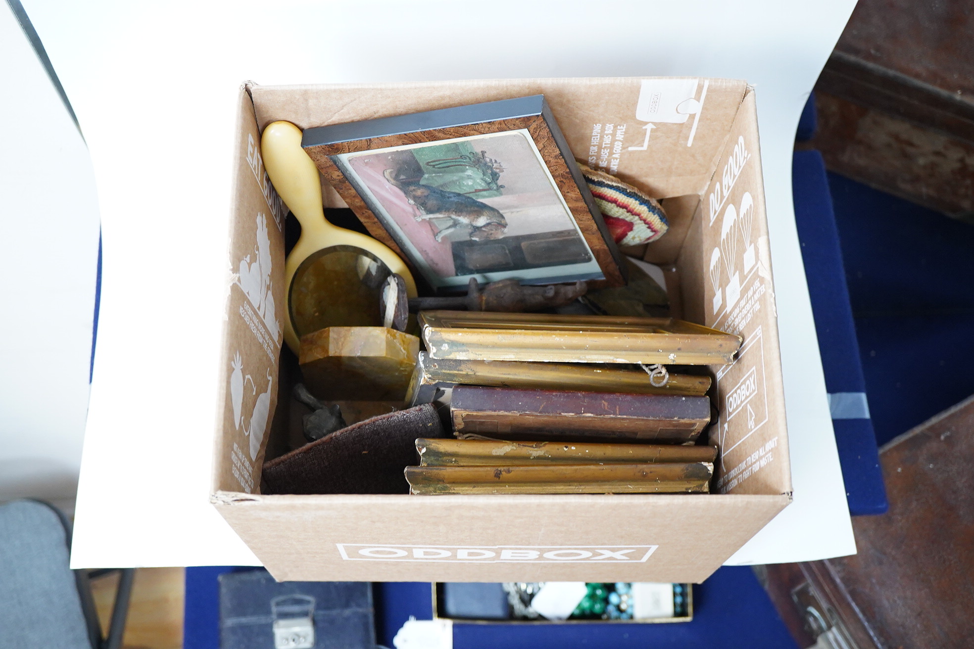 A small group of various collectables including an Edwardian oil on canvas board, study of a dog, a 19th century woolwork, cast iron bottle opener in the form of a parrot and an Art Deco bookend surmounted with a cat